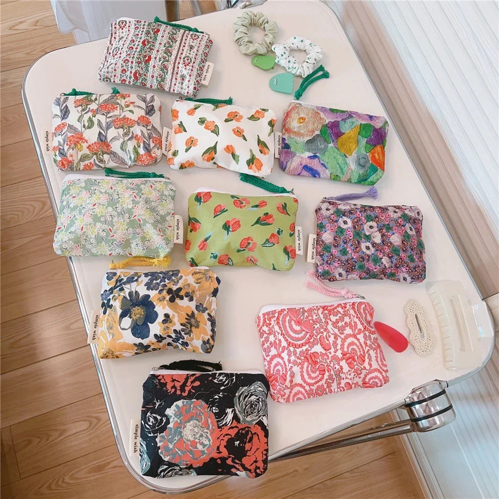 Cute Wallet Women Cotton Key Coin Purse Mini Coin Pouch Girls Floral Print Lipstick Sanitary Napkin Organizer Zipper Canvas Bags 250614