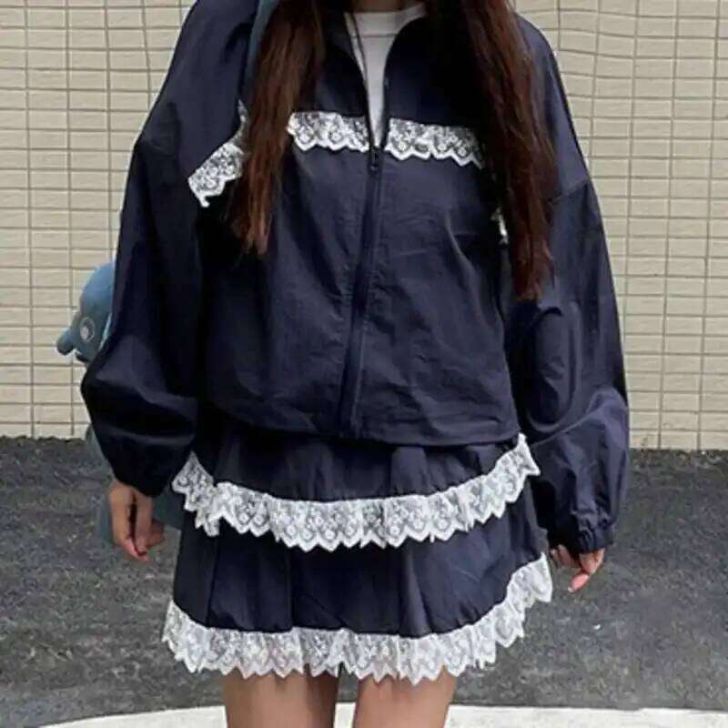 DEAT Fashion Two-piece Set Lace Edge Patchwork Jackets Female High Elastic Waist Short Cake Skirt For Women 11A03677