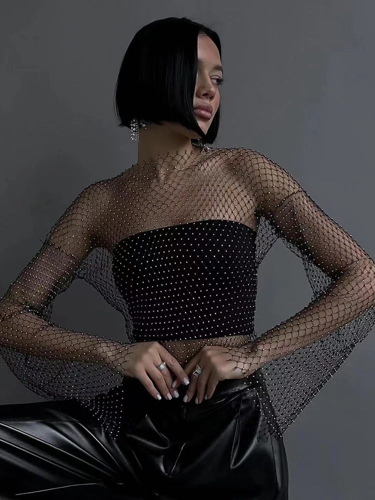 Sexy See Through Mesh T Shirt Glitter Rhinestone Fishnet Hollow Out Long Sleeve Crop Top Women Rave Party Club Base Shirt Tops 250614