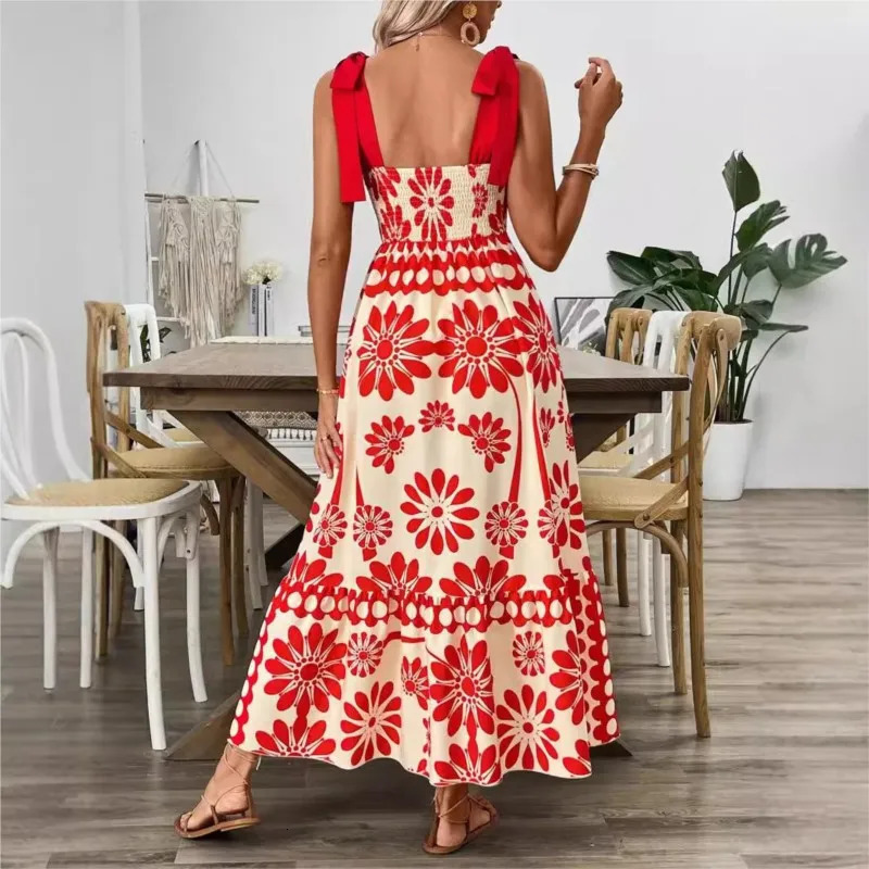 Summer Dress Womens Fashion Printed Shoulder Straps Waist Long Holiday Casual Bohemia Beach Midi Women Dresses Prom Vestido 250611