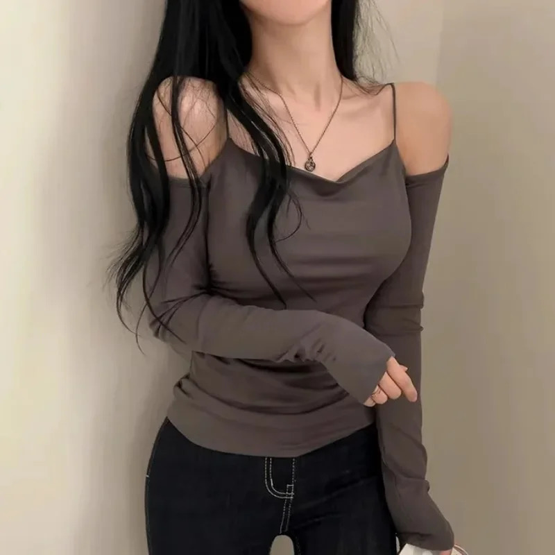 Dongdaemun Korea Style Pure Desire Sexy Off-The-Shoulder Two-Piece Illusionslims Womens Long Sleeve T-Shirt Versatile Smoot 250614