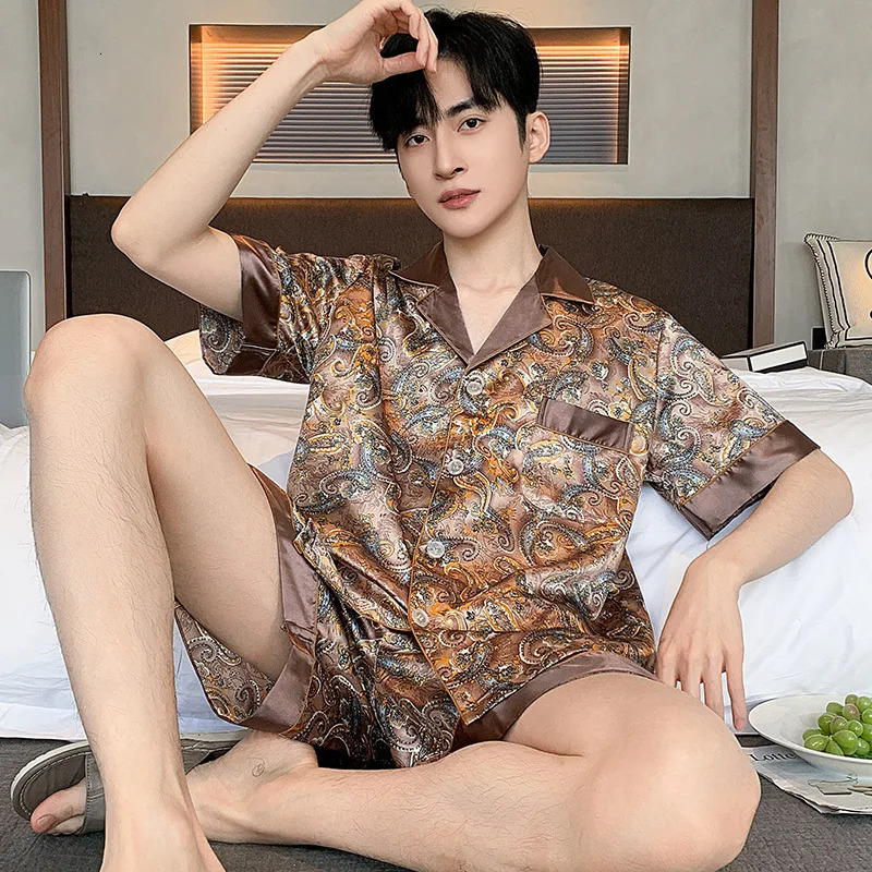 Ice Silk Pajamas Suit Men Spring Summer Typle Fashion Short Sleeve Polyester Loungewear Male Sleepwear Geentlemen Homewear 250614