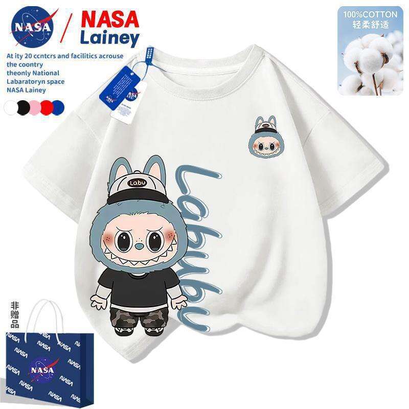 NASA Labubu Children's Short Sleeve Boys and Girls Summer New Cartoon Print T-Shirt Top