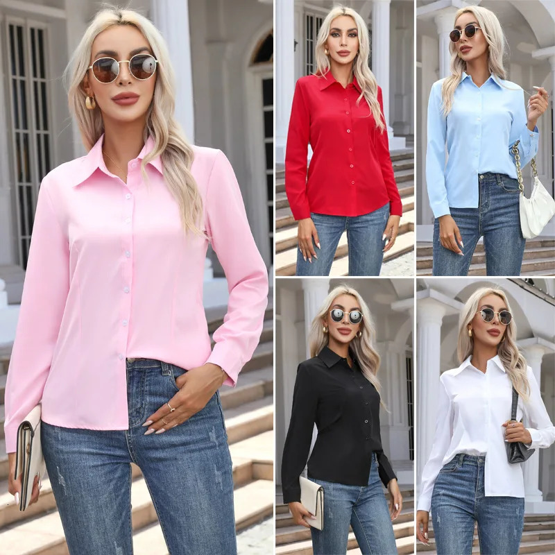 1pcs Woman Spring Autumn Solid color Shirts Lady Casual Long Sleeve Turn-down Collar Loose Shirt Female Fashion Temperament Tops 250614