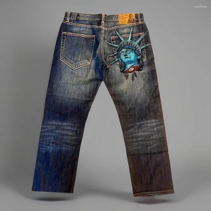 Men's Jeans Harajuku Statue Of Diamonds Denim Pants Men Women Casual High Waist Straight Wide Leg Vintage Y2k Clothing