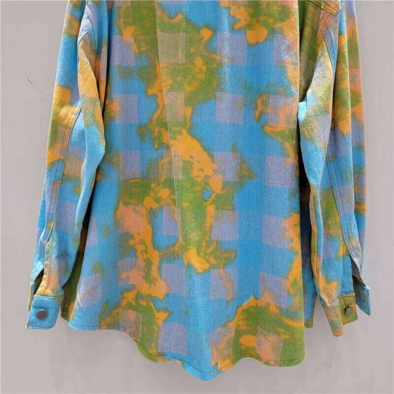 WTHT Fashion Women Cartoon Color Print Beading Denim Shirts Trendy 2025 Summer Long Sleeve Single-breasted Blouse Female 1LS1560