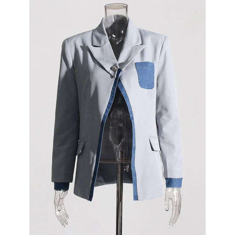 Colorblock Patchwork Denim Chic Blazer For Women Notched Collar Long Sleeve Spliced Pocket Casual Blazers Female