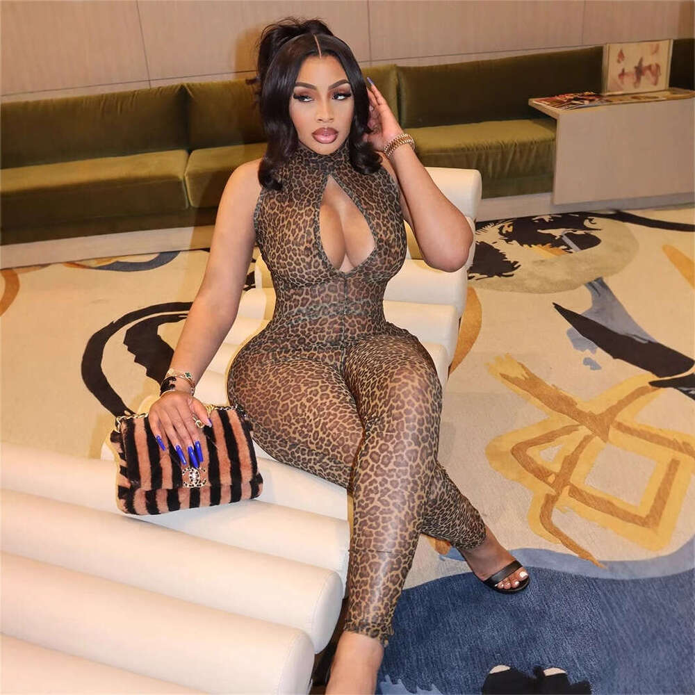 New Fashion Trend Leopard Print Slim Fit Sexy Mesh Hollow Out Sleeveless Jumpsuit B5