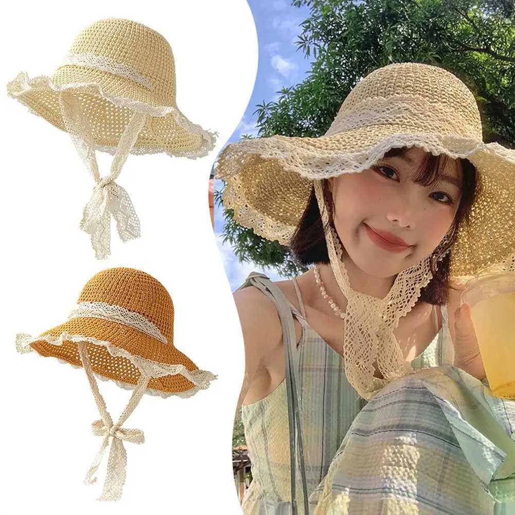New Arrival Summer Womens Lace Straw Beach Hat Foldable Sun Hat with Wide Brim Fresh Stylish Sunblock Shade Hat Perfect for Travel Holiday U250616