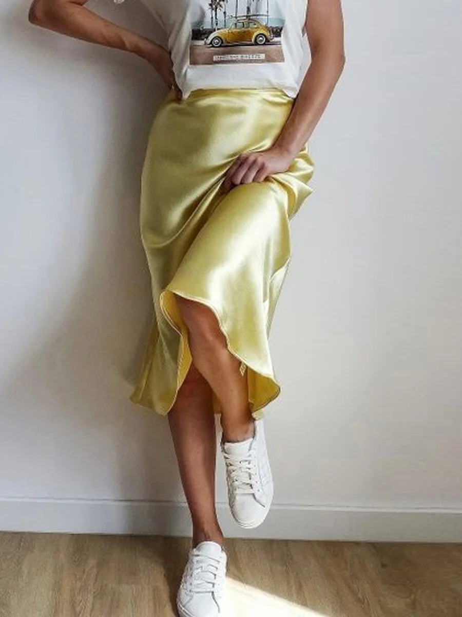 Womens Summer High Waist Skirt Solid Color Long Satin Skirt for Travel Beach Shopping 250614