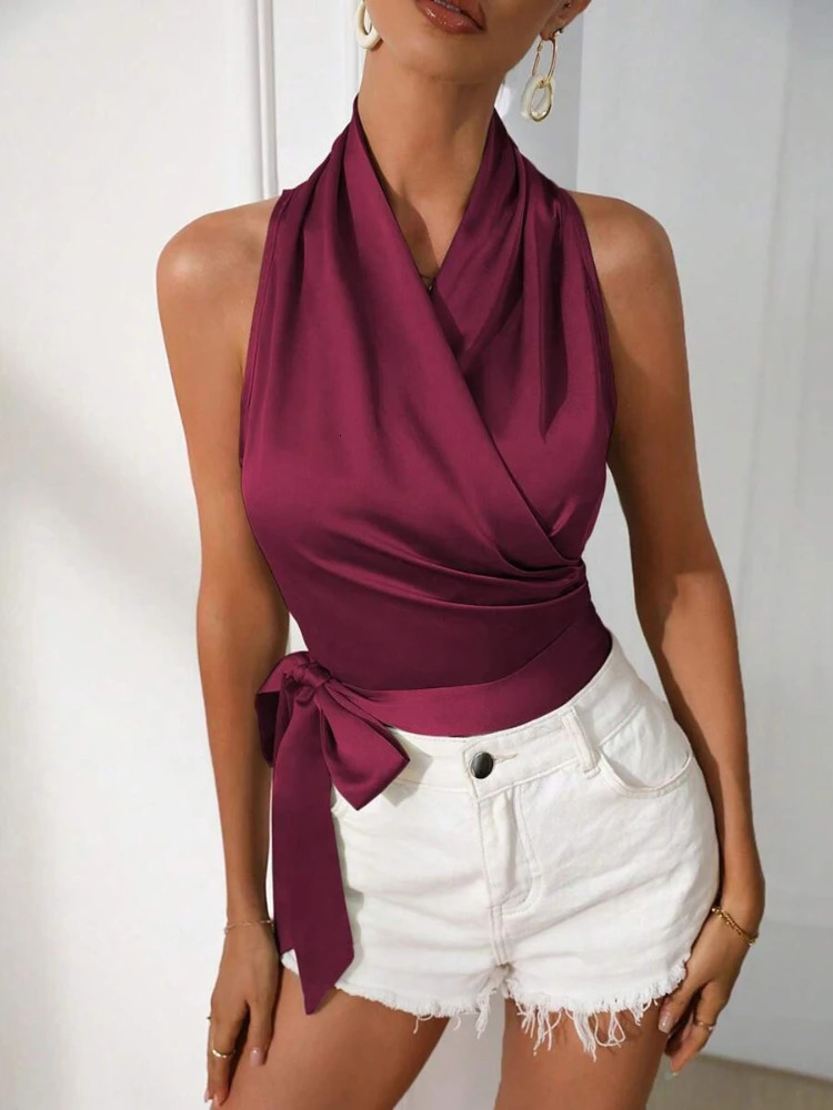 Elegant Neck Hanging Silk Satin Shirts Blouses 2025 Spring Summer Sexy Lace Up Side Wrapped Sleeveless Temperament Shirt Tops 250614