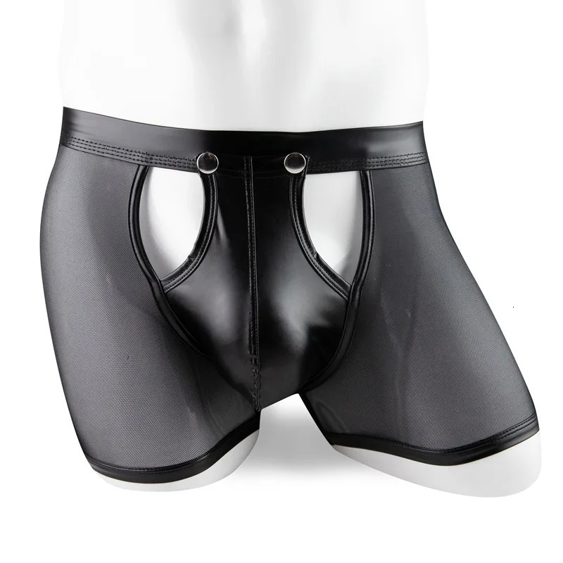 Mens Boxers Shorts Transparent Mesh Underwear Man Panties Faux Leather Detachable Buckle Pouch Underpants Cueca Calzoncillo 250614