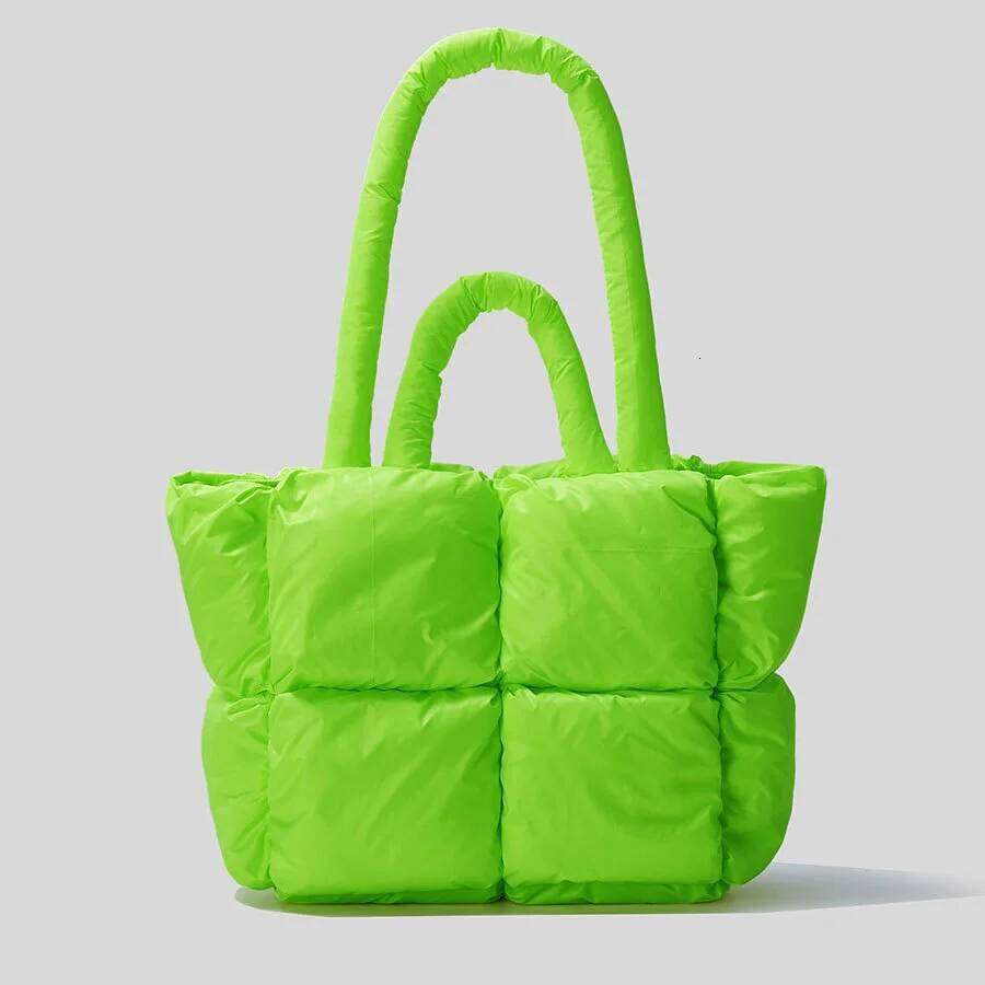 Fashion Fluorescent Green Padded Women Shoulder Bags Designer Quilted Handbags Laser Nylon Large Capacity Tote Bag Winter