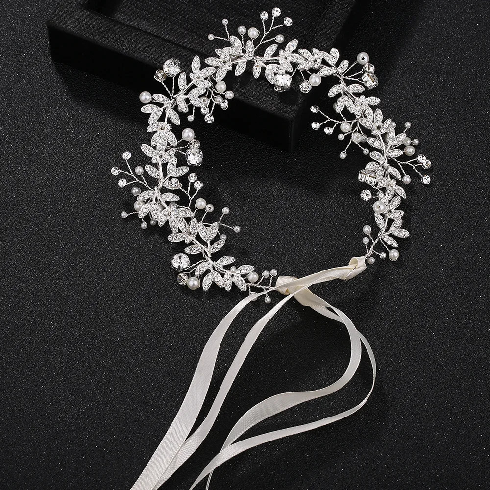 Crystal Flower Headband Ribbon Bow Hairband for Bride Wedding Hair Accessories Pearl Head Flower Headband Headwear 250610