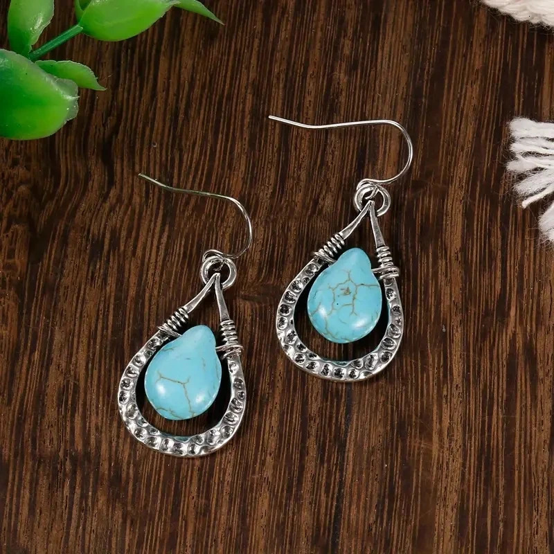 Vintage Droplet Shape Blue Turquoise Decor Dangle Earrings Retro Boho Style Silver Plated Jewelry Tourism Souvenir 250610