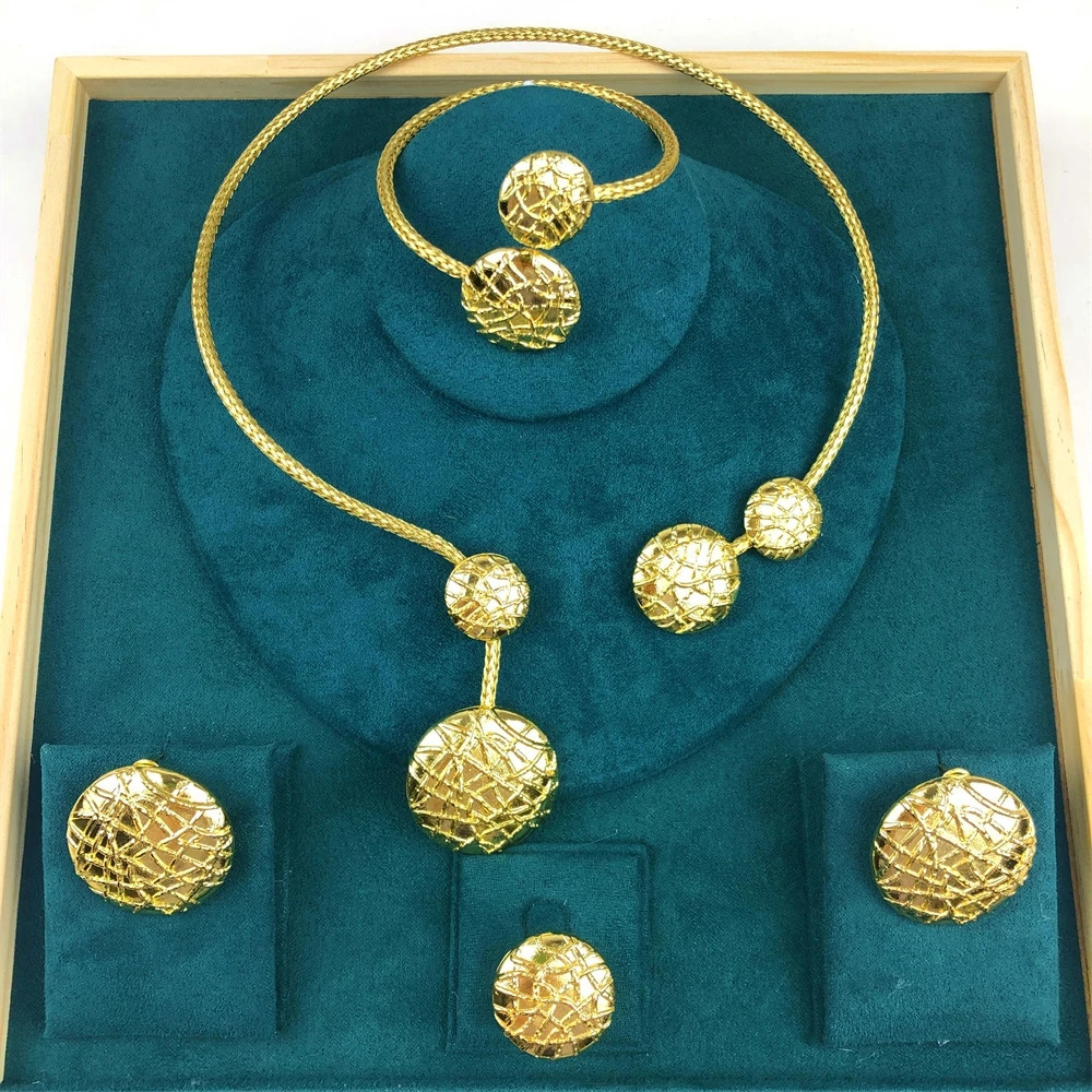 Gold Plated Jewelry Set Classic n Round Bead Necklace Earring Bracelet And Ring Party Jewelry 250609