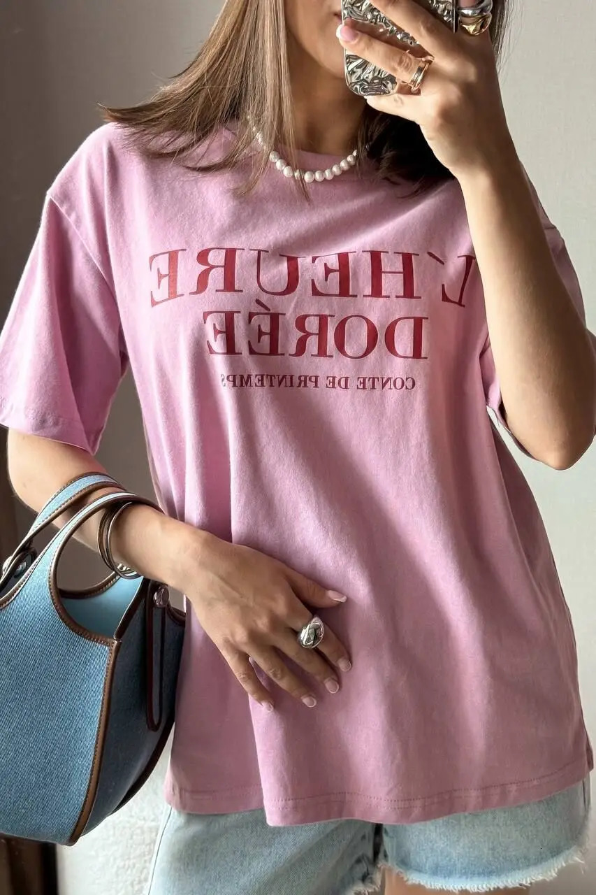 Pink Short Sleeve T-shirt Womens Loose Casual Round Neck Letter Print Thin Top 250614