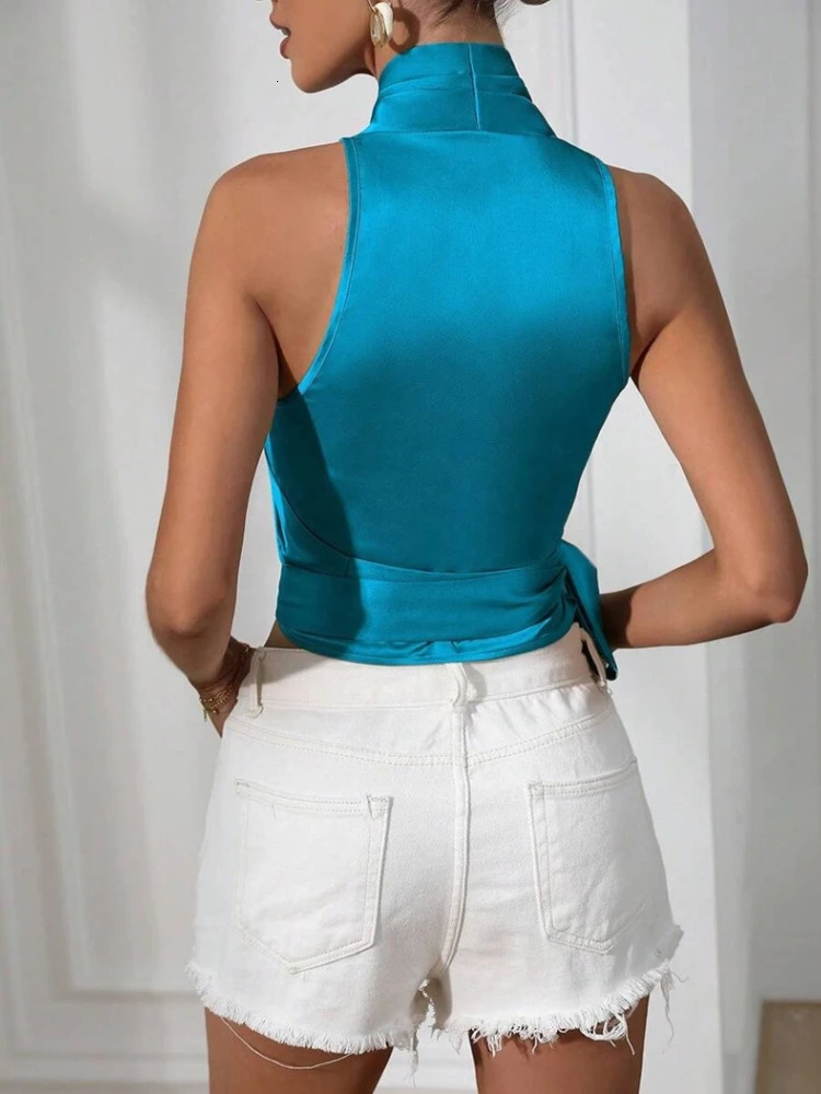 Elegant Neck Hanging Silk Satin Shirts Blouses 2025 Spring Summer Sexy Lace Up Side Wrapped Sleeveless Temperament Shirt Tops 250614