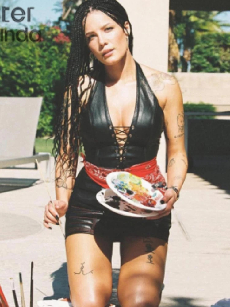 Sisterlinda Sexy Punk Y2K Black PU Leather Crop Top Womens Sleeveless Deep V Neck Backless Camisole Fashion Party Club Vests 250614