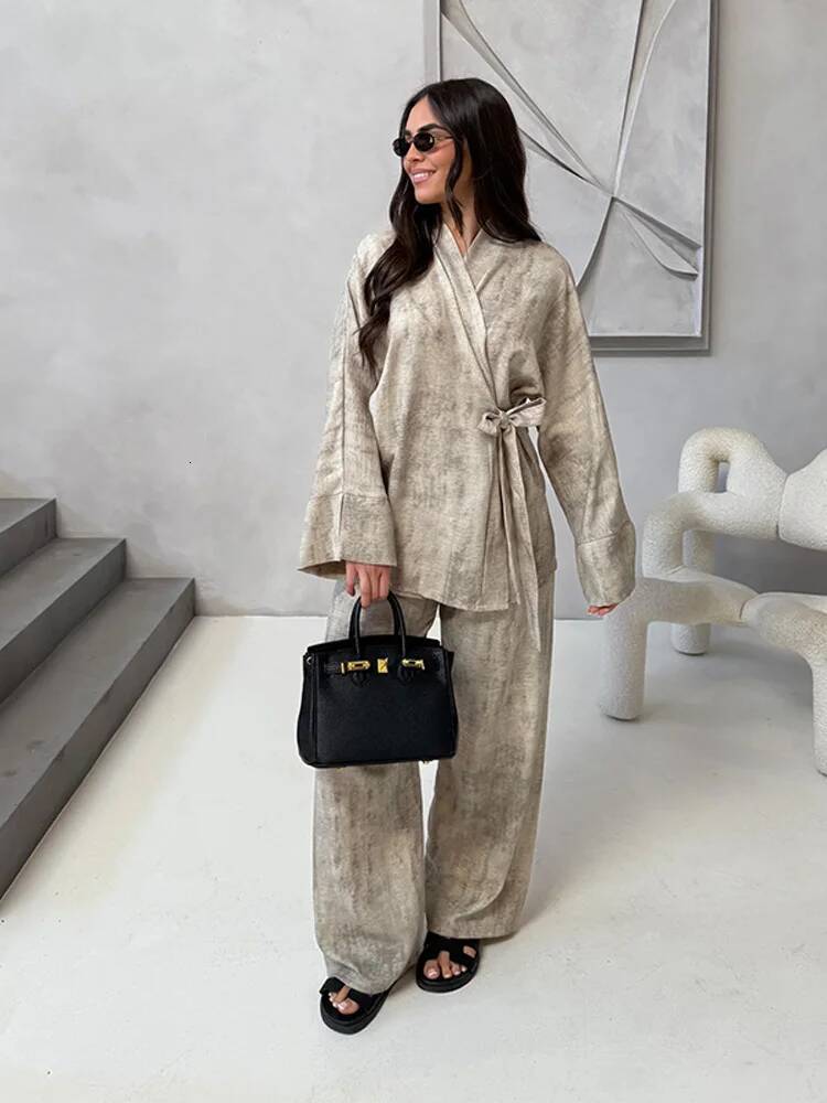 Casual Cotton Linen Pants Outfits Women Loose V Neck Lace Up Long Sleeves Female 2025 Spring Summer Chic Soft Set 2 Pieces