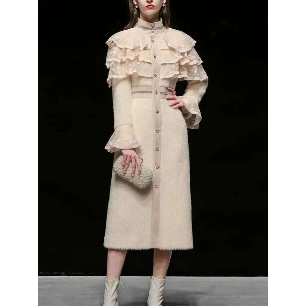 IEQJ Elegant Mink Fur Woolen Long OverCoat Lace Ruffle Slim Flare Sleeve Party Coat 2025 Winter Clothes Women New 3WQ1403