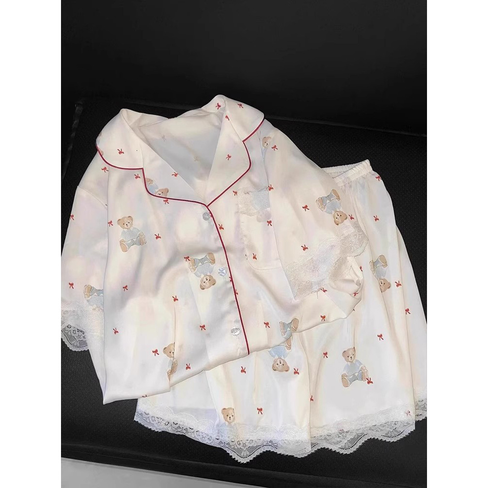 2025 New Ice Silk Women's Pajamas Summer Short Sleeve Set High end Silk Imitation Designer Home Clothes Cartoon Cute Coat 5