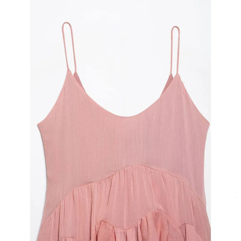 DUOPERI Women Summer Pink Ruffled ALine Mini Dress Back Zipper Thin Straps VNeck Female Elegance Chic Lady Dresses 250611