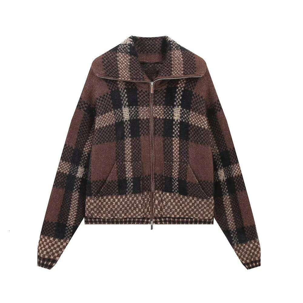 BMURHMZA Autumn/Winter New Product Women's Fashion Collar Long Sleeve Checkered Knitwear Cardigan Sweater Coat