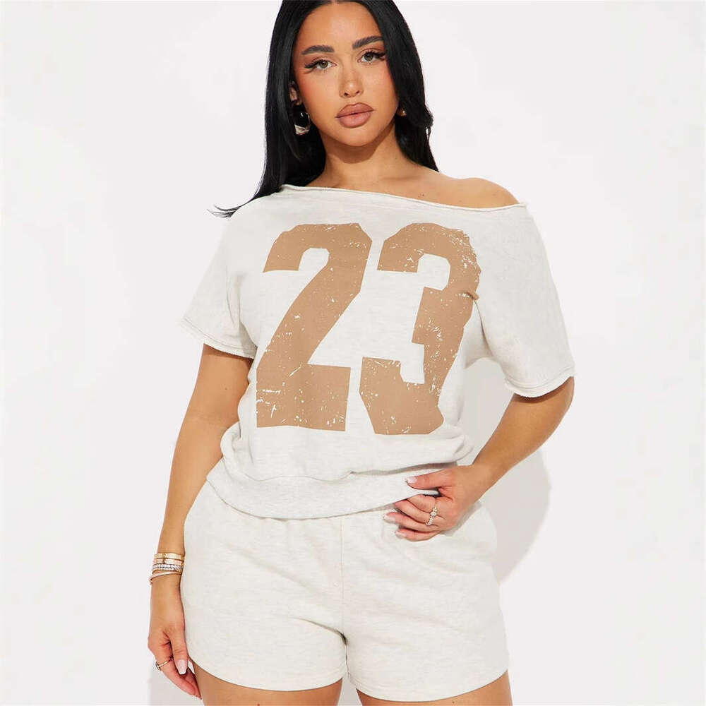 Summer American Style Digital Print Off-Shoulder Asymmetric Neck Top And High-Waisted Bodycon Shorts Set For Women B5