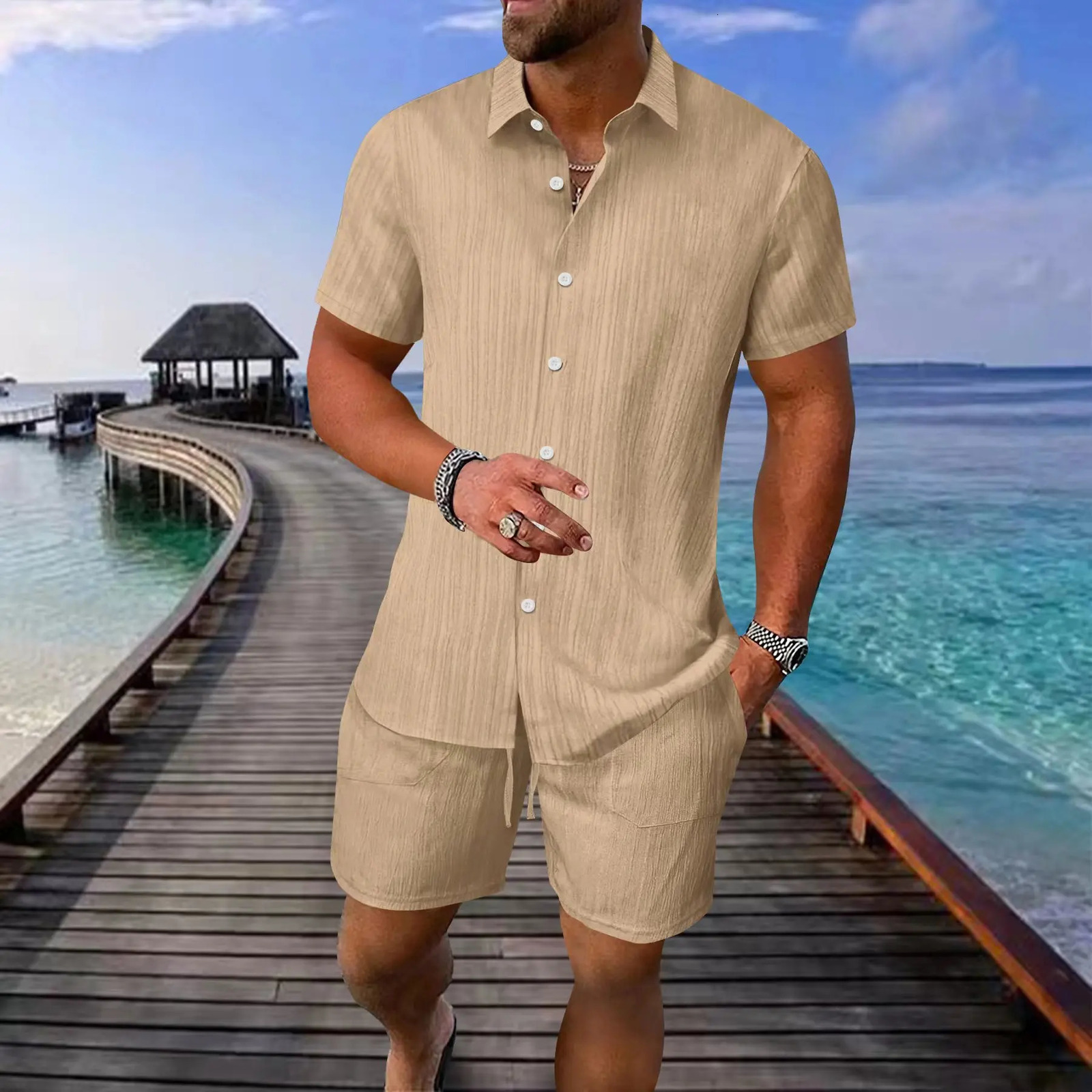 Summer Mens Striped Polo Casual Loose Breathable Sweat Absorption Short Sleeve Shorts Sports Suit 250612