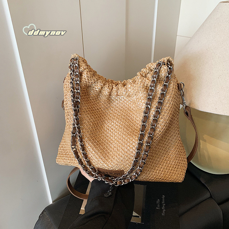 Summer Niche Lazy Style Straw Tote for Women 2025 Simple Casual Woven Chain Shoulder Crossbody Bag Trend ddmynov