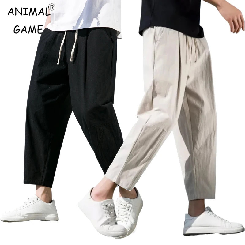 Mens Linen Lightweight Sweatpants Cotton Solid Color Breathable Joggers Men Baggy Pants Streetwear Long Trousers Men 250614