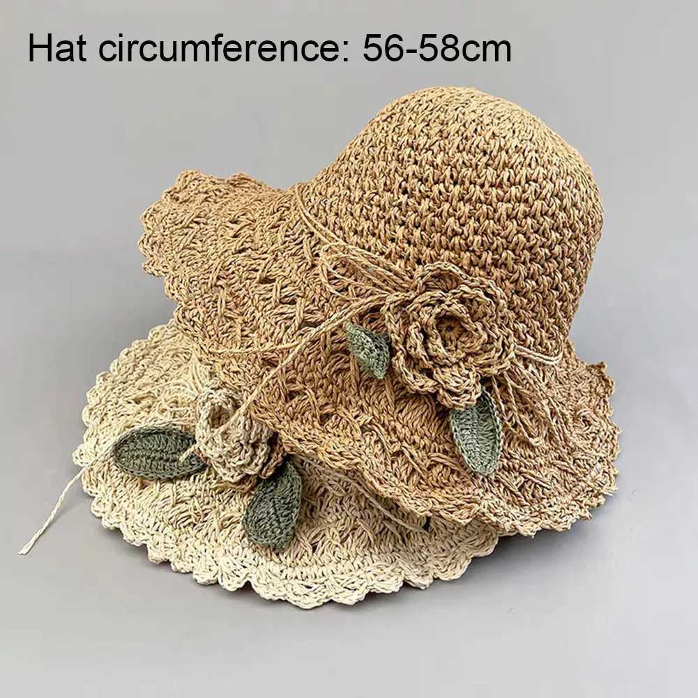 New Arrival Simple Women Hand-woven Straw Hat With Flowers Soft Lightweight Sun Hats For Outdoor Beach Vacation Foldable Sun Protection Cap U250616