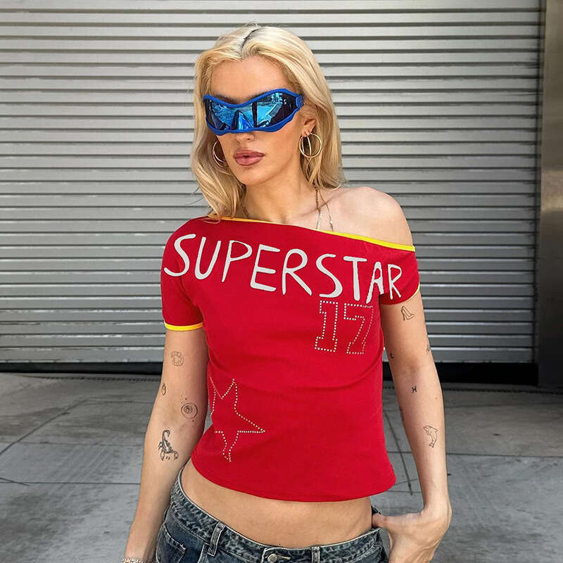 Women's Fashion Spring Summer New Style Unique Asymmetric Shoulder Sexy Crop Top Cool Spicy T-Shirt Short Sleeve Women B5