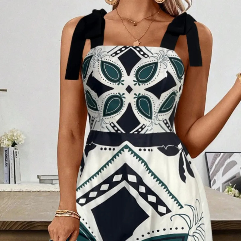 Summer Dress Womens Fashion Printed Shoulder Straps Waist Long Holiday Casual Bohemia Beach Midi Women Dresses Prom Vestido 250611