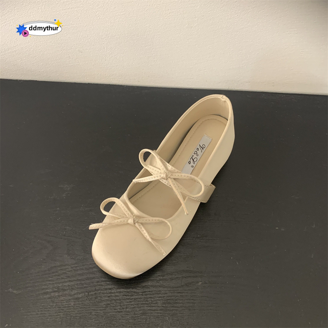 4CM Height Increase~ Thick Sole Satin Bowknot Single Shoes for Women Spring and Autumn Gentle Versatile Matching Skirt Ballet Flats ddmythur