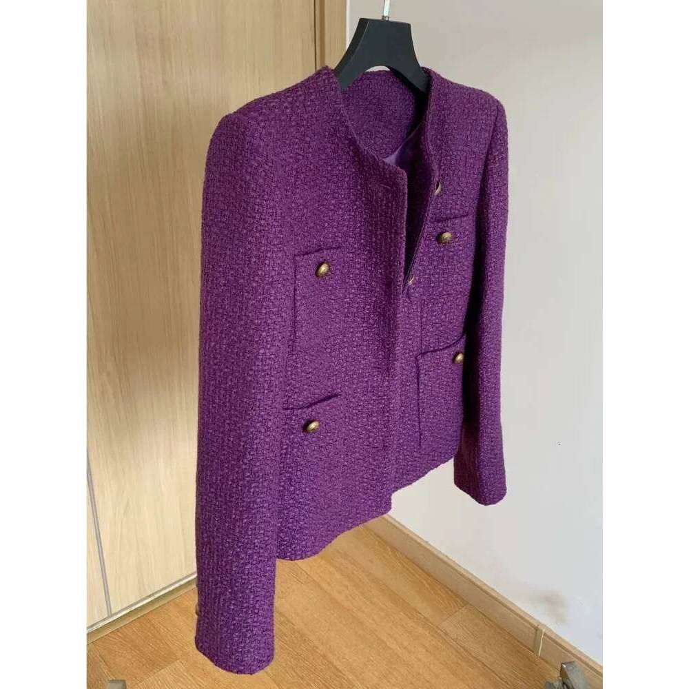 New Vintage Tweed Purple Jacket Women Long Sleeve Single Breasted Elegant Woolen Coat Korean Fashion Outwear Fall Winter