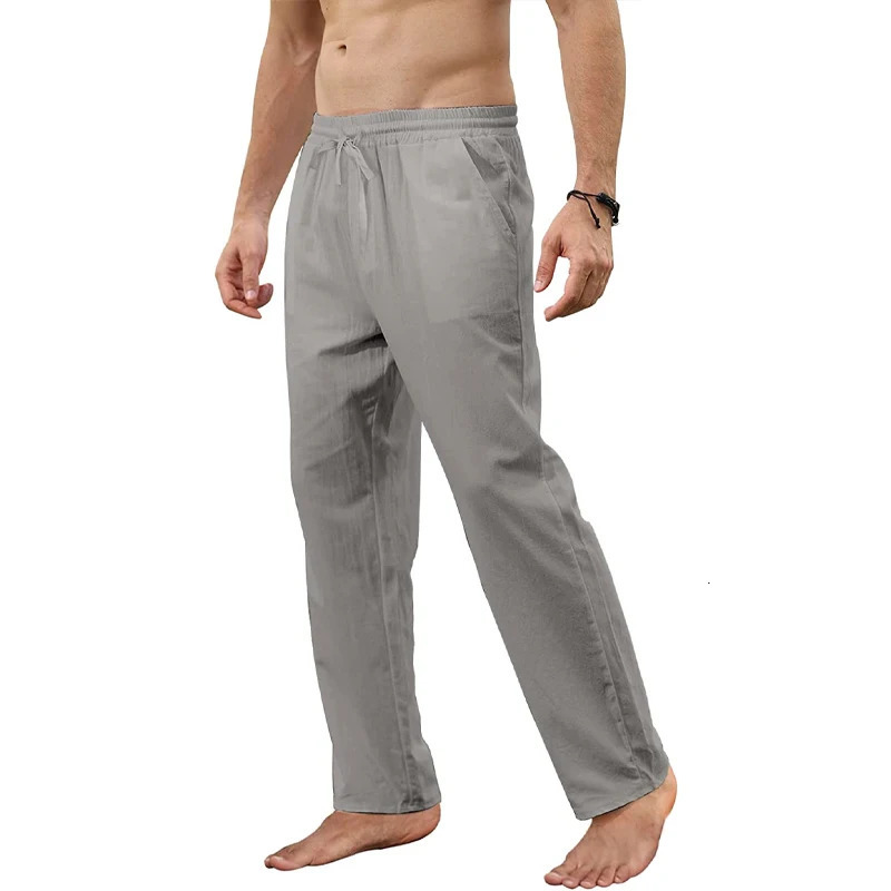Mens Cotton Linen Pants Loose Autum Casual Pants Male Breathable Solid Color Drawstring Jogger Yoga Long Trousers 250614