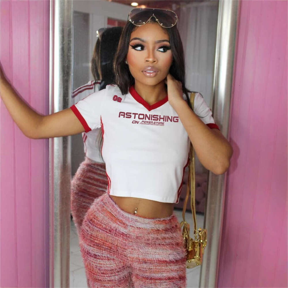 Autumn New Fashion Sports V-Neck Color Block Print Top Short Sleeve T-Shirt For Women B5