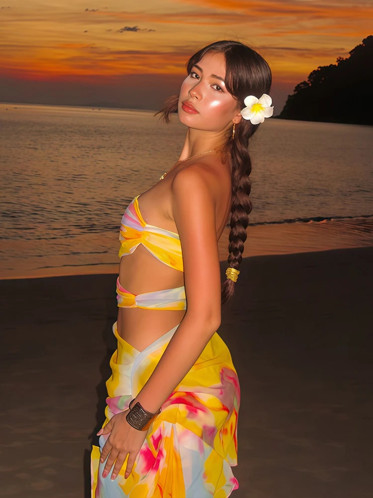 Nibber Mesh Colorful Print Strapless Dress Women Thin Irregular Multilayer Side Knot Hollow Beach Vacation Club Mini Bodycon 250611