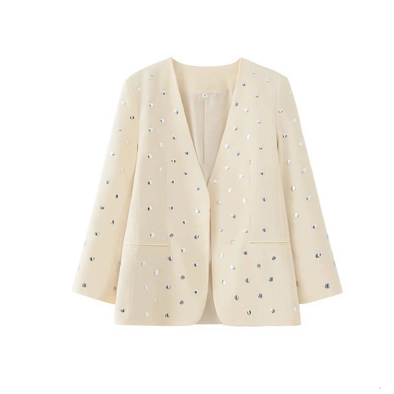 RAFZNB Fashion Rivet Decoration Casual Blazer For Women V-Neck Long Sleeve Coats Female Outerwear Tops