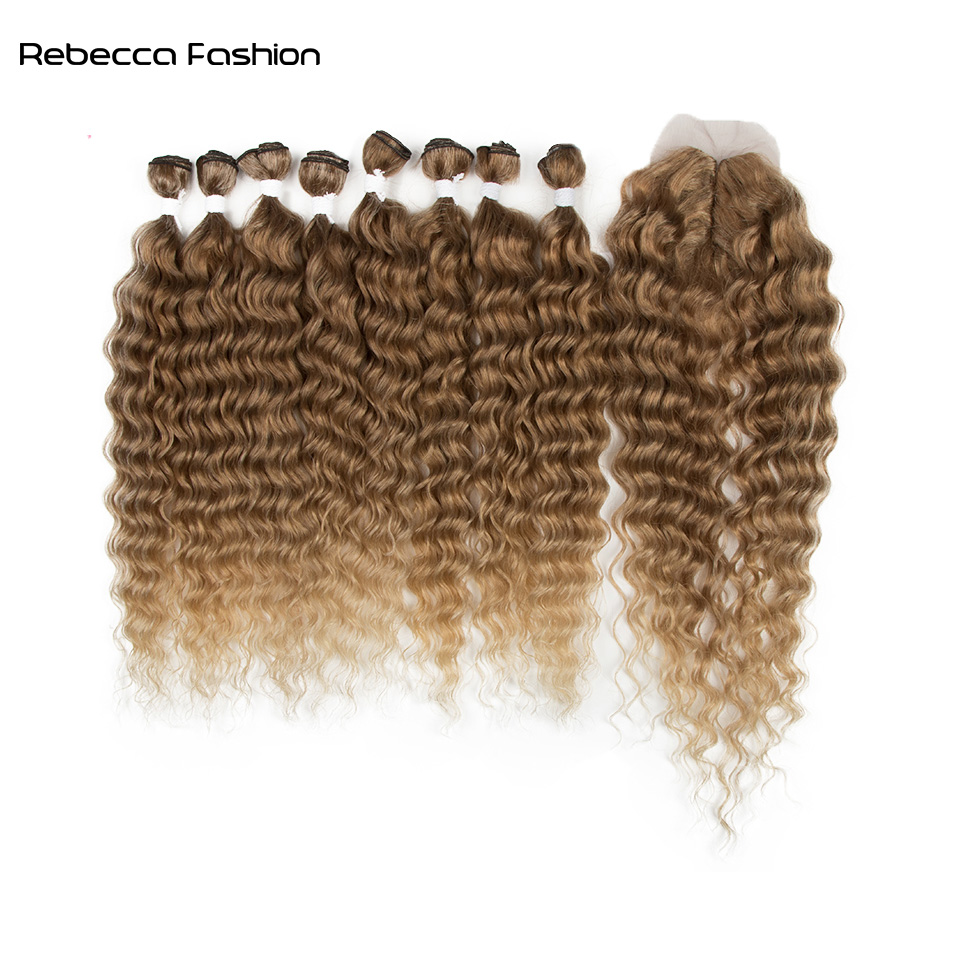 Rebecca Fashion Synthetic Hair Water Wave Bundles With Closure Curly Hair 20 Inch 9Pcs High Temperature Fiber Cosplay For Women