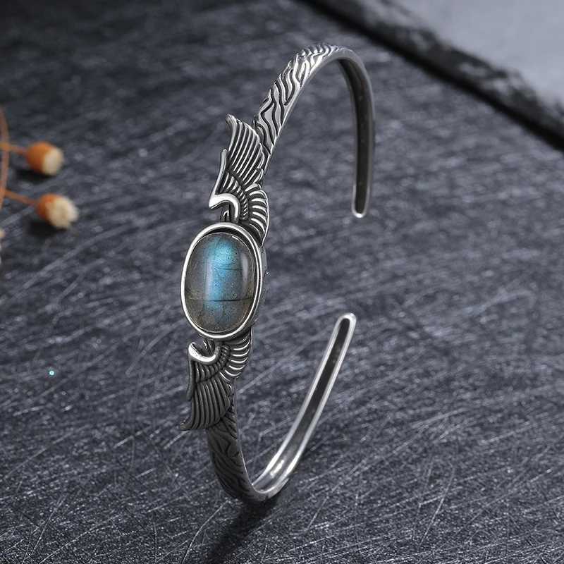 S925 Silver Vintage Natural Labradorite Amethyst Adjustable Bangle for Women Fine Jewelry Valentine Day Gift Z250616