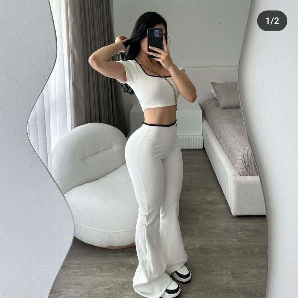 New Fashion Solid Color Casual Sports Style Slim Fit Top Short Sleeve Flared Long Pants Set For Women B5