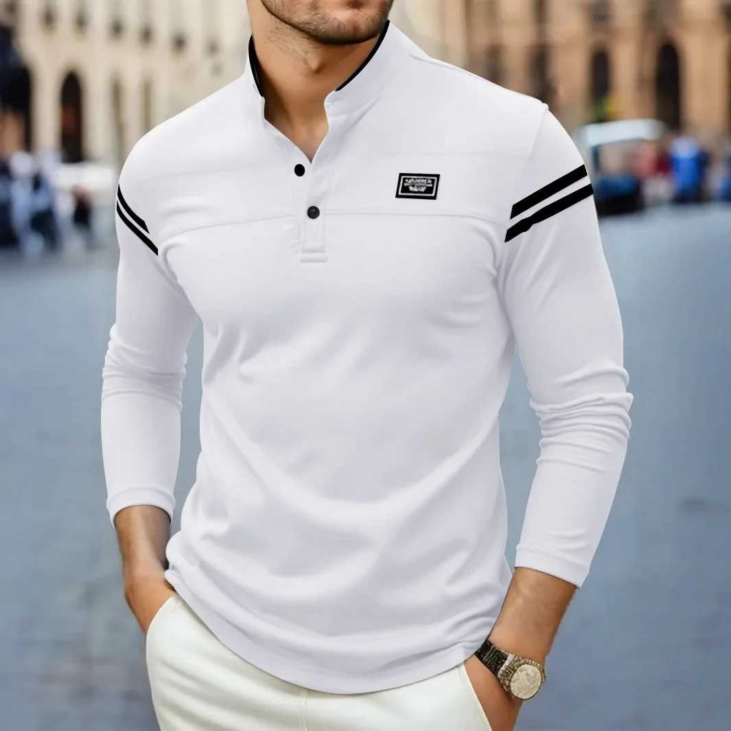 2025 New Mens Casual Fashion Solid Color Long Sleeve Polo Shirt Stand Up Collar Versatile Comfortable Top W250616