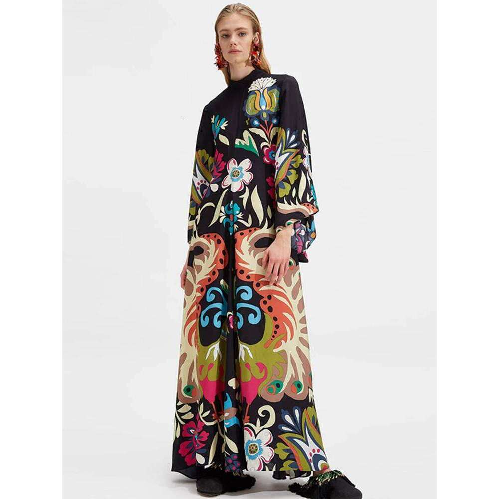 Casual Flower Printed Lace Up Women Dress V-neck Flare Sleeve Loose Female Maxi Dresses 2024 Spring Summer New Chic Lady Robe