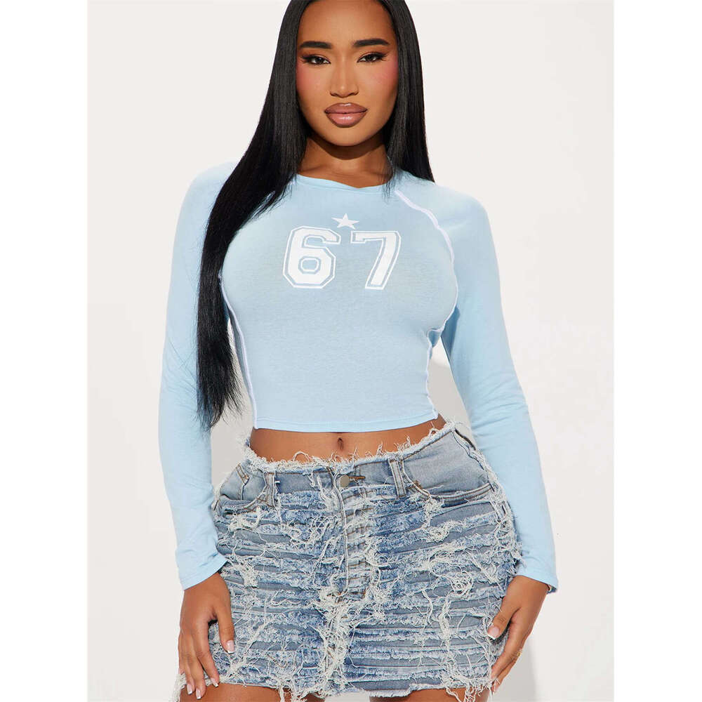 Autumn New Street Fashion Sports Stretch Simple Printed Long Sleeve Top For Women B5