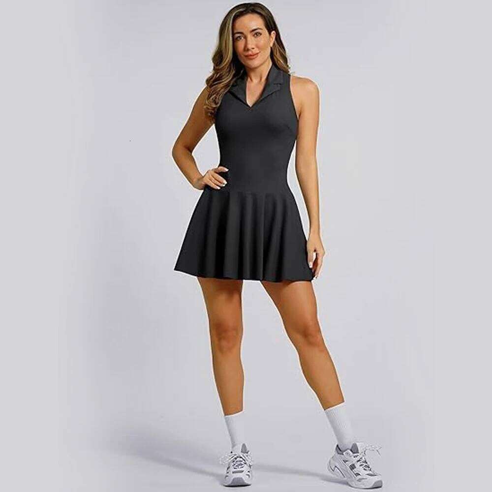 Women Tennis Solid Color Lapel Slim Fit Running Skirt Breathable Quick Dry Golf Dress Yoga Wear Workout Clothes