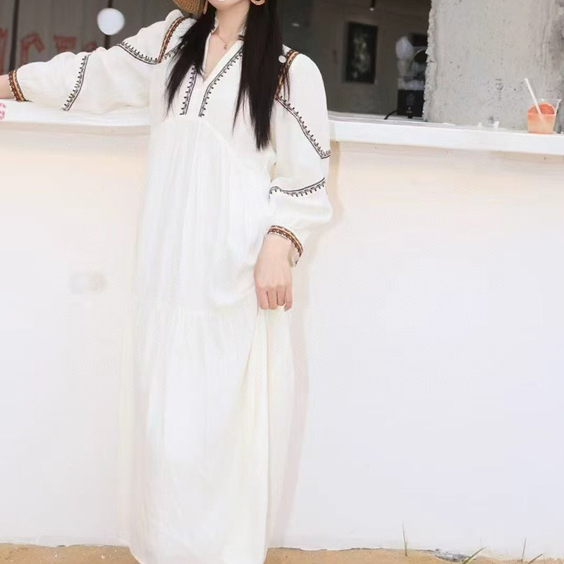 FD290 Spring and Summer New V-neck French Line Printed Dress