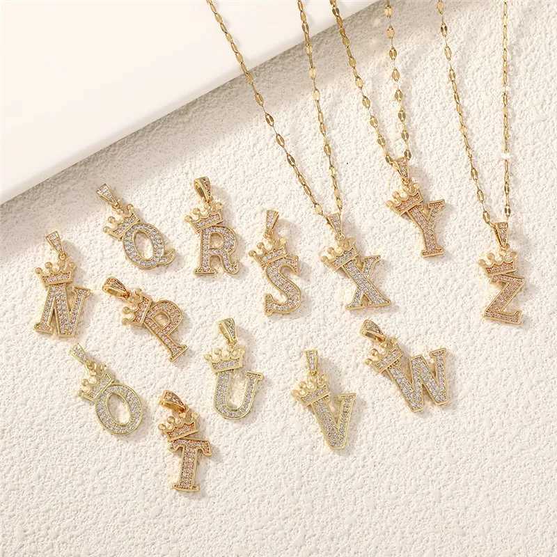 Light Luxury Crown 26 Letter Zircon Necklace Stainless Steel Chains Simple Geometric Pendant Choker Jewelry Gift For Women Girl W250616
